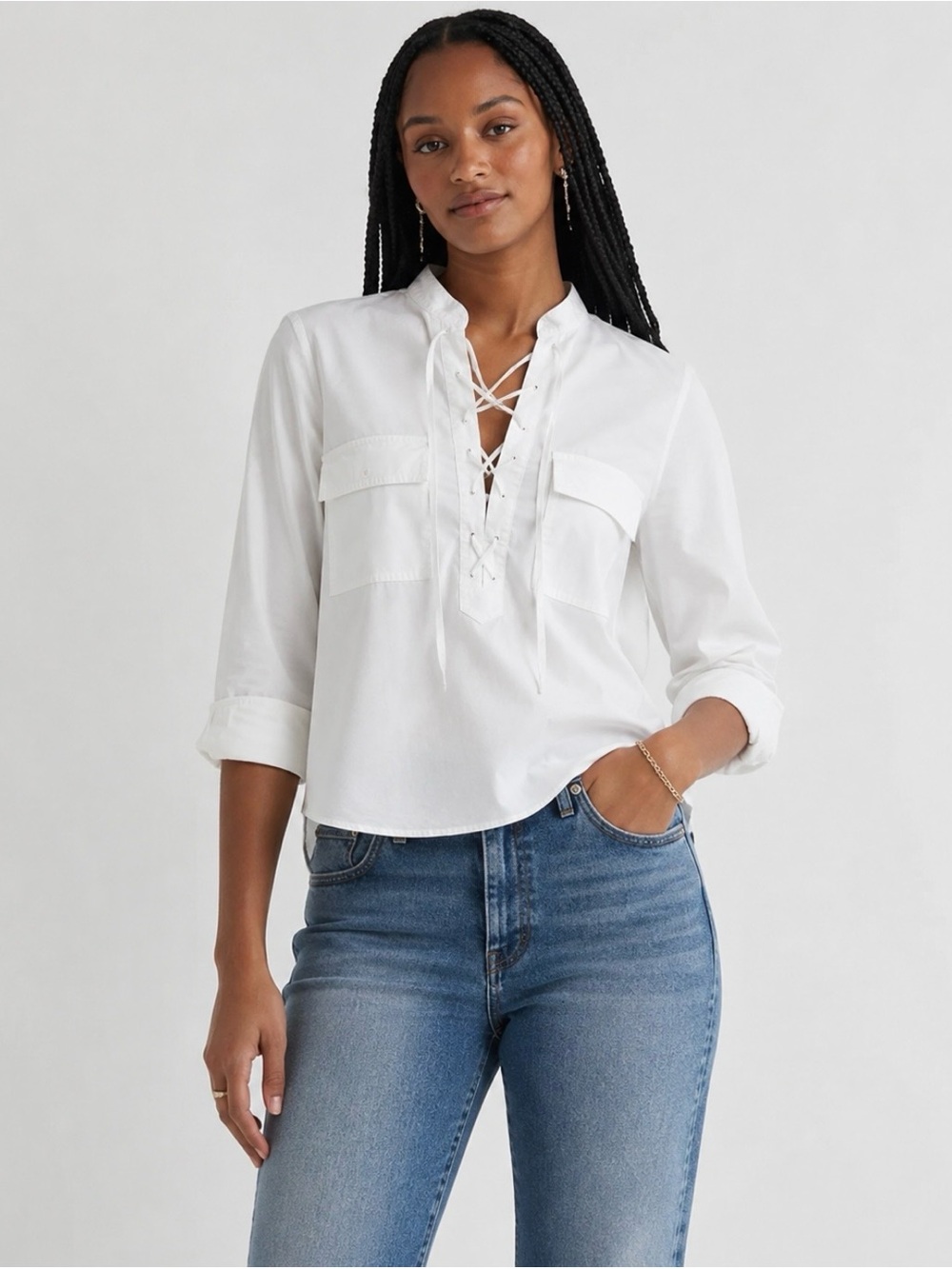 Madewell Long Sleeve Front Pockets Lace -up White Blouse Size XS